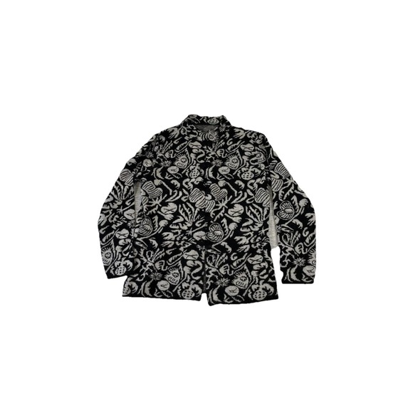 Baby Alpaca Sweater Cardigan Womens Medium Black Floral Animal Knit Button Peru